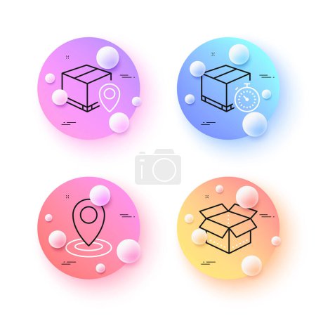 Ilustración de Ubicación, caja abierta e iconos de línea mínima de seguimiento de paquetes. esferas 3d o botones de bolas. Iconos del temporizador de entrega. Para web, aplicación, impresión. Vector - Imagen libre de derechos