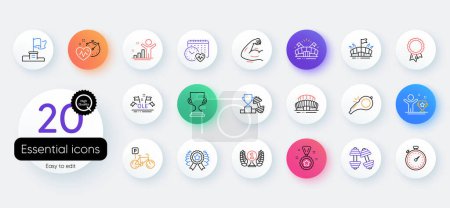 Illustration for Simple set of Arena, Whistle and Winner flag line icons. Include Laureate award, Timer, Dumbbell icons. Cardio training, Winner cup, Cardio calendar web elements. Sports arena. Vector - Royalty Free Image