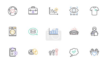 Illustration for Washing machine, Donation and Hold heart line icons for website, printing. Collection of Report diagram, Savings, Arena stadium icons. T-shirt, First aid, Approved web elements. Vector - Royalty Free Image