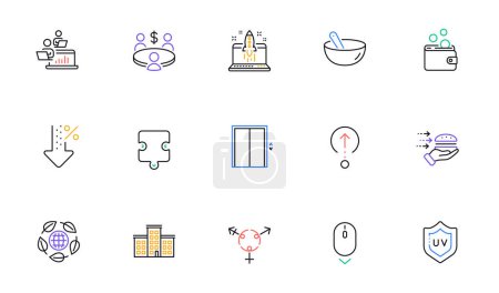 Illustration for Swipe up, Meeting and Teamwork line icons for website, printing. Collection of Start business, Genders, Lift icons. Food delivery, Scroll down, Company web elements. Puzzle, Eco organic. Vector - Royalty Free Image