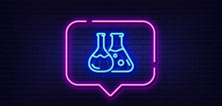 Illustration for Neon light speech bubble. Chemistry lab line icon. Laboratory flask sign. Analysis symbol. Neon light background. Chemistry lab glow line. Brick wall banner. Vector - Royalty Free Image