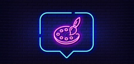 Illustration for Neon light speech bubble. Paint palette line icon. Artist brush sign. Creative drawing art symbol. Neon light background. Palette glow line. Brick wall banner. Vector - Royalty Free Image