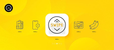 Illustration for Accounting, Sausage and Swipe up minimal line icons. Yellow abstract background. Cyber attack, Smartphone protection icons. For web, application, printing. Vector - Royalty Free Image