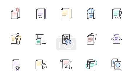 Documents line icons set. Copy files, Contract agreement, Passport. CV interview, documents workflow, attachment clip icons. Change files, bureaucracy and contract signature. Vector