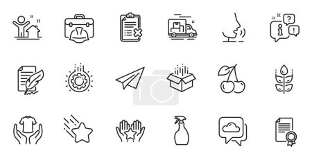 Illustration for Outline set of Weather forecast, Ranking and Hold t-shirt line icons for web application. Talk, information, delivery truck outline icon. Vector - Royalty Free Image