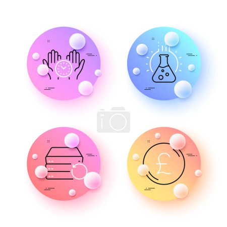 Illustration for Safe time, Pound money and Chemistry lab minimal line icons. 3d spheres or balls buttons. Recovery server icons. For web, application, printing. Management, Currency, Laboratory. Backup data. Vector - Royalty Free Image