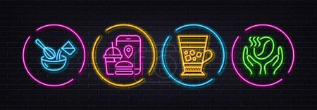Illustration for Frappe, Cooking whisk and Food app minimal line icons. Neon laser 3d lights. Coffee icons. For web, application, printing. Cold drink, Cutlery, Meal order. Roasted bean. Neon lights buttons. Vector - Royalty Free Image