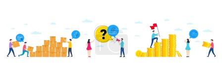 Illustration for Set of Web settings, Electricity and Analysis graph line icons. People characters with delivery parcel, money coins. Include Time change icons. For web, application. Vector - Royalty Free Image