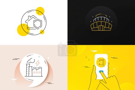 Illustration for Minimal set of Electricity factory, Home insurance and Entrance line icons. Phone screen, Quote banners. Arena stadium icons. For web development. Electric power, House secure, Open door. Vector - Royalty Free Image
