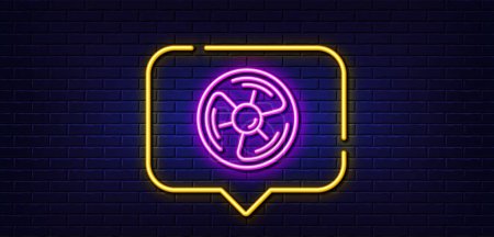 Illustration for Neon light speech bubble. Air fan line icon. Wind turbine energy sign. Ventilation rotor symbol. Neon light background. Air fan glow line. Brick wall banner. Vector - Royalty Free Image