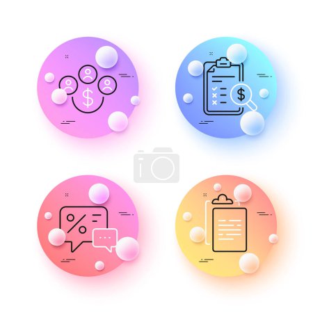 Illustration for Clipboard, Discounts and Accounting report minimal line icons. 3d spheres or balls buttons. Buying currency icons. For web, application, printing. Survey document, Best offer, Check finance. Vector - Royalty Free Image