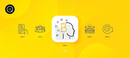 Illustration for Bitcoin think, Sports arena and Teamwork minimal line icons. Yellow abstract background. Payment card, Update time icons. For web, application, printing. Vector - Royalty Free Image