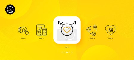 Illustration for Love him, Hold heart and Genders minimal line icons. Yellow abstract background. Friends community, Social media icons. For web, application, printing. Sweetheart, Love brand, Inclusion. Vector - Royalty Free Image