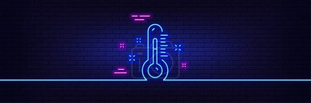 Illustration for Neon light glow effect. Thermometer line icon. Temperature diagnostic sign. Fever measuring symbol. 3d line neon glow icon. Brick wall banner. Thermometer outline. Vector - Royalty Free Image