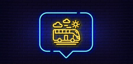 Illustration for Neon light speech bubble. Bus travel line icon. Trip transport sign. Holidays vehicle symbol. Neon light background. Bus travel glow line. Brick wall banner. Vector - Royalty Free Image