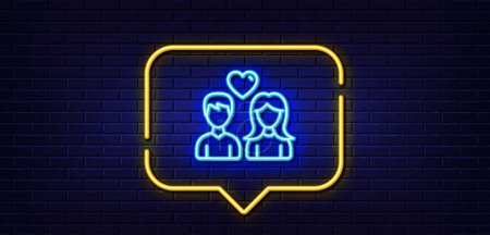 Illustration for Neon light speech bubble. Couple with Heart line icon. Users Group sign. Male and Female Person silhouette symbol. Neon light background. Couple love glow line. Brick wall banner. Vector - Royalty Free Image