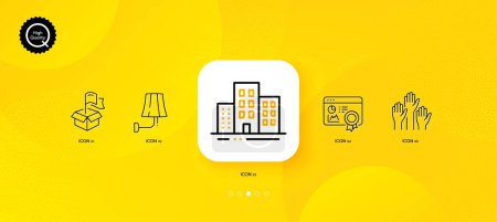 Ilustración de Edificios, ubicación de entrega y votaciones manos iconos de línea mínima. Fondo abstracto amarillo. Lámpara de pared, iconos de certificado Seo. Para web, aplicación, impresión. Vector - Imagen libre de derechos
