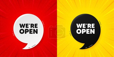 Illustration for We are open tag. Flash offer banner with quote. Promotion new business sign. Welcome advertising symbol. Starburst beam banner. Open speech bubble. Vector - Royalty Free Image