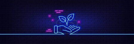 Illustration for Neon light glow effect. Helping hand line icon. Charity gesture sign. Startup plant symbol. 3d line neon glow icon. Brick wall banner. Helping hand outline. Vector - Royalty Free Image