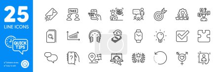 Illustration for Outline icons set. Recovery data, Search files and Chat message icons. Difficult stress, Internet, Developers chat web elements. Ranking, Journey, Ask question signs. Genders, Smartwatch. Vector - Royalty Free Image