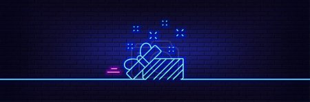 Illustration for Neon light glow effect. Gift box open line icon. Christmas or New year present sign. Surprise symbol. 3d line neon glow icon. Brick wall banner. Present outline. Vector - Royalty Free Image