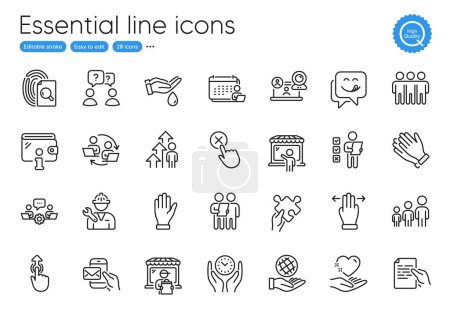 Illustration for Hand, Delivery market and Video conference line icons. Collection of Wash hands, Hold heart, Employee result icons. Safe time, Messenger mail, Hold document web elements. Reject click. Vector - Royalty Free Image