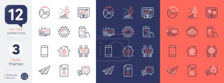Illustration for Set of Reject file, Paper plane and Employees teamwork line icons. Include Cloud network, Fingerprint access, 5g internet icons. Pie chart, Swipe up, Like web elements. Stats. Vector - Royalty Free Image