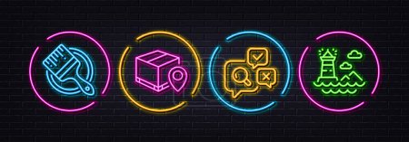 Illustration for Parcel tracking, Brush and Inspect minimal line icons. Neon laser 3d lights. Lighthouse icons. For web, application, printing. Package location pin, Art brush, Research bubbles. Vector - Royalty Free Image
