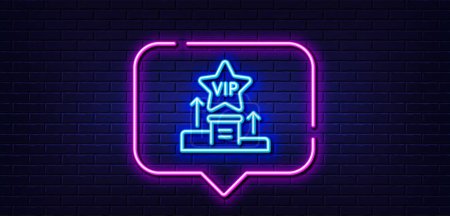 Illustration for Neon light speech bubble. Vip podium line icon. Very important person star sign. Member club privilege symbol. Neon light background. Vip podium glow line. Brick wall banner. Vector - Royalty Free Image