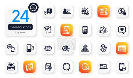 Illustration for Set of Technology flat icons. Love message, Loyalty card and Payment received elements for web application. Food delivery, Journey path, Freezing timer icons. Roller coaster, Speedometer. Vector - Royalty Free Image