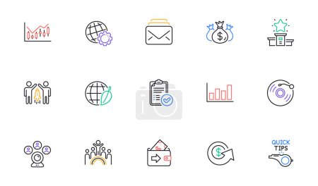 Illustration for Check investment, Globe and Wallet line icons for website, printing. Collection of Vinyl record, Tutorials, Inclusion icons. Partnership, Financial diagram, Environment day web elements. Vector - Royalty Free Image