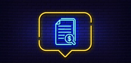 Illustration for Neon light speech bubble. Financial documents line icon. Audit or accounting sign. Check finance symbol. Neon light background. Financial documents glow line. Brick wall banner. Vector - Royalty Free Image