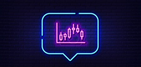 Illustration for Neon light speech bubble. Candlestick chart line icon. Financial graph sign. Stock exchange symbol. Business investment. Neon light background. Candlestick graph glow line. Brick wall banner. Vector - Royalty Free Image