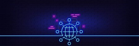Illustration for Neon light glow effect. Business networking line icon. International work symbol. Global communication sign. 3d line neon glow icon. Brick wall banner. International globe outline. Vector - Royalty Free Image