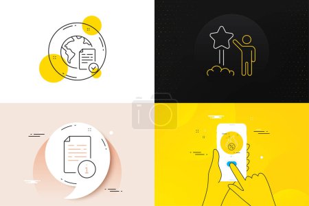 Illustration for Minimal set of Hot loan, Manual and Online voting line icons. Phone screen, Quote banners. Star icons. For web development. Discount offer, Read file, Internet poll. Launch rating. Vector - Royalty Free Image