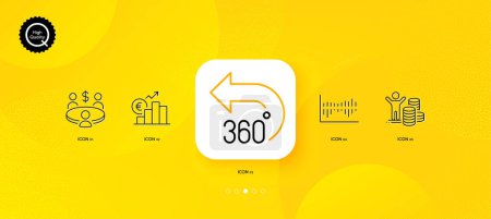Illustration for Column diagram, Budget profit and 360 degrees minimal line icons. Yellow abstract background. Meeting, Euro rate icons. For web, application, printing. Sale statistics, Trader, Full rotation. Vector - Royalty Free Image