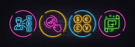 Illustration for Opinion, Money currency and Graph chart minimal line icons. Neon laser 3d lights. Architectural plan icons. For web, application, printing. Choose answer, Currency exchange, Get report. Vector - Royalty Free Image