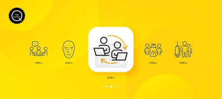 Illustration for Medical vaccination, Face biometrics and People chatting minimal line icons. Yellow abstract background. Social distance, Teamwork process icons. For web, application, printing. Vector - Royalty Free Image