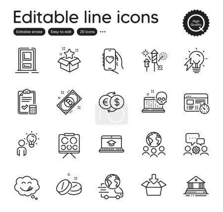 Illustration for Set of Business outline icons. Contains icons as Electricity bulb, Yummy smile and Web timer elements. Fireworks rocket, Bitcoin, Get box web signs. Delivery service, Dating app. Vector - Royalty Free Image