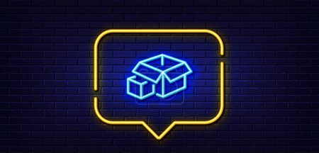 Illustration for Neon light speech bubble. Box line icon. Delivery parcel sign. Packing boxes symbol. Neon light background. Packing boxes glow line. Brick wall banner. Vector - Royalty Free Image