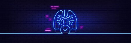 Illustration for Neon light glow effect. Lungs line icon. Pneumonia disease sign. Respiratory distress symbol. 3d line neon glow icon. Brick wall banner. Lungs outline. Vector - Royalty Free Image