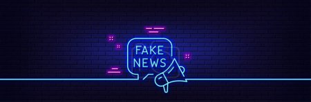 Illustration for Neon light glow effect. Fake news line icon. Propaganda conspiracy chat sign. Wrong truth megaphone symbol. 3d line neon glow icon. Brick wall banner. Fake news outline. Vector - Royalty Free Image