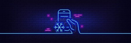 Illustration for Neon light glow effect. Refrigerator app line icon. Fridge mobile application sign. Remote control symbol. 3d line neon glow icon. Brick wall banner. Refrigerator app outline. Vector - Royalty Free Image