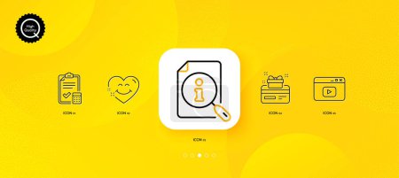 Illustration for Loyalty card, Accounting checklist and Smile face minimal line icons. Yellow abstract background. Video content, Search icons. For web, application, printing. Vector - Royalty Free Image