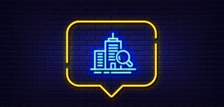 Illustration for Neon light speech bubble. Inspect line icon. Building quality sign. Construction verification symbol. Neon light background. Inspect glow line. Brick wall banner. Vector - Royalty Free Image