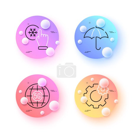 Illustration for 5g internet, Freezing click and Umbrella minimal line icons. 3d spheres or balls buttons. Cogwheel icons. For web, application, printing. Wifi communication, Air conditioner, Safe secure. Vector - Royalty Free Image