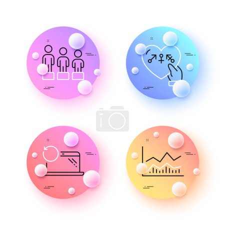 Illustration for Equality, Trade infochart and Genders minimal line icons. 3d spheres or balls buttons. Recovery laptop icons. For web, application, printing. Equity, Business analysis, Inclusion. Backup data. Vector - Royalty Free Image