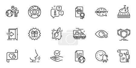 Illustration for Outline set of Dog certificate, Alarm bell and Cyber attack line icons for web application. Talk, information, delivery truck outline icon. Include Approved, Manual doc, Myopia icons. Vector - Royalty Free Image