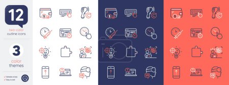 Illustration for Set of Electronic thermometer, Wallet and Swipe up line icons. Include Time management, Web timer, Computer keyboard icons. Puzzle, Difficult stress, Vaccination schedule web elements. Vector - Royalty Free Image