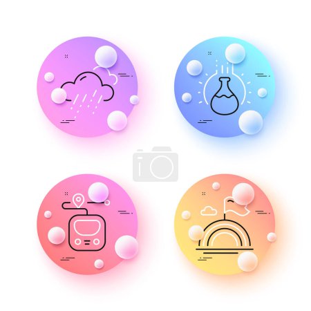 Illustration for Metro, Rainy weather and Lgbt minimal line icons. 3d spheres or balls buttons. Chemistry experiment icons. For web, application, printing. Transit journey, Rain, Rainbow flag. Laboratory flask. Vector - Royalty Free Image